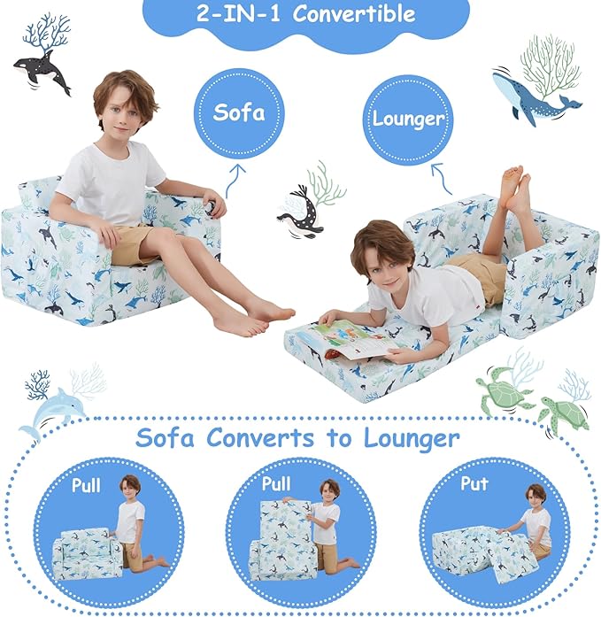 Viviland Kids Chairs for Toddler,2-in-1 Soft Toddler Couch Fold Out,Convertible Soft to Lounger Toddke Chair Comfy for Girls and Boys,Blue Whale