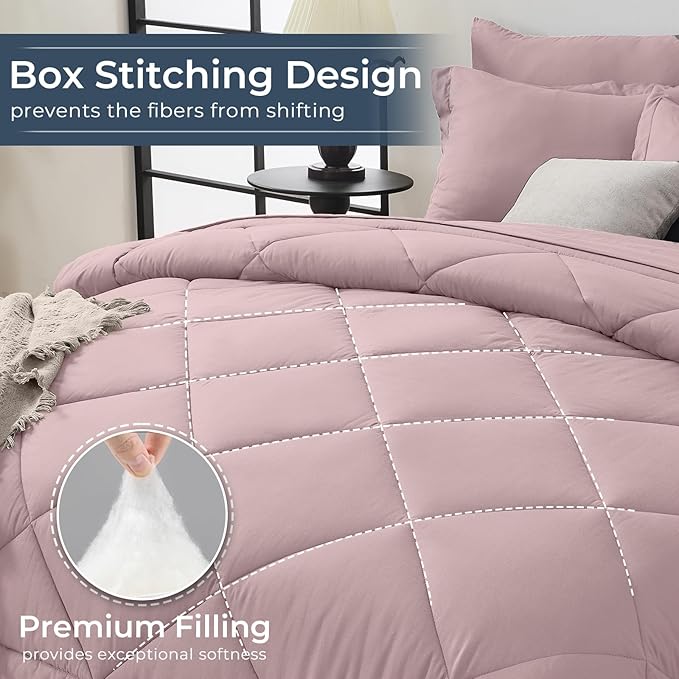 HEVUMYI Rose Gold Queen Comforter Set - 7-Piece All Season Bed in a Bag Queen, Ultra Soft Bedding Set with Comforter, Flat Sheet, Fitted Sheet, Pillowcases, Pillow Shams
