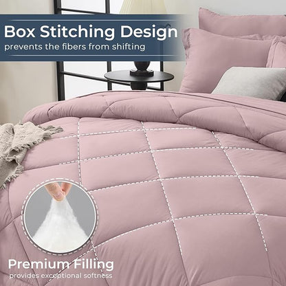 HEVUMYI Rose Gold Queen Comforter Set - 7-Piece All Season Bed in a Bag Queen, Ultra Soft Bedding Set with Comforter, Flat Sheet, Fitted Sheet, Pillowcases, Pillow Shams