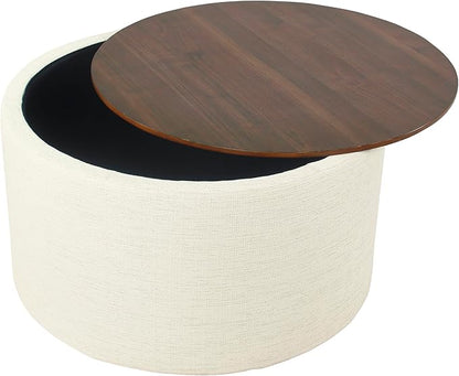 HomePop Modern Fabric Storage Ottoman with Wood Top - Stain-Resistant Cream Woven