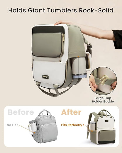 LOVEVOOK Laptop Backpack for Women with Giant Tumbler Holder Pocket, 15.6 inch Travel Work Backpack Purse for Teacher Nurse, Waterproof College Book Bag Cute Casual Daypack, Beige-Nude