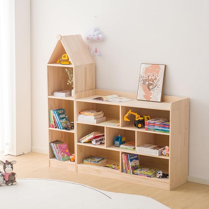 Wooden 7 Compartment Storage Cabinet Organizer Kids 3 Tier Wood Bookshelf School Storage Shelf Classroom Furniture for Kids Natural (47.24" L x 11.81" W x 35.43" H)