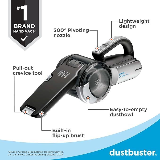 BLACK+DECKER dust buster PIVOT VAC Handheld Vacuum Cordless, Car Vacuum Portable Rechargeable, Extendible Crevice Tool and 200 Degree Pivoting Nozzle, Strong Suction, Lightweight (BDH2000PL)