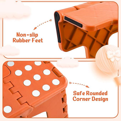 ACSTEP 9 Inch Folding Step Stool 300 LB Capacity Plastic Foldable Step Stools for Kids and Adults, Folding Stool Suitable for Kitchen, Stepping Stool with Handle Orange Small Step Stool 1PC