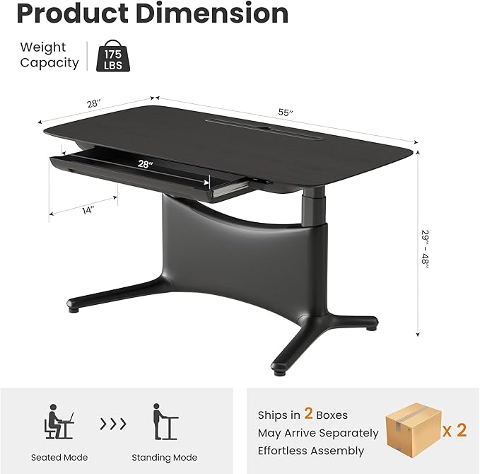 COLAMY Electric Adjustable Standing Desk – 48 x 28 Inch Sit Stand Desk with Drawer & Cable Management, Dual Motor Lift System, Ergonomic Footrest, Home Office Table (Veneer Desktop, Black Oak + Black)