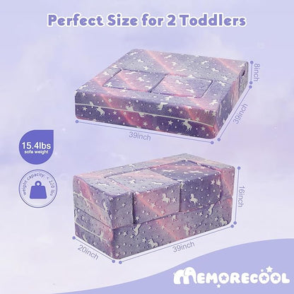 MeMoreCool Unicorn Modular Kids Couch, Glow Rainbow Play Toddler Couch for Bedroom, Convertible Foam Kids Sofa Bed, Fold Out Baby Sofa for Girl Boy, Purple