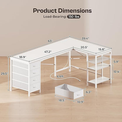Huuger 63 Inch L Shaped Desk with Fabric Drawers, Reversible Computer Gaming Desk with Power Outlets and USB-C Port, Adjustable Side Storage Shelves, for Work Study Corner Home Office, White