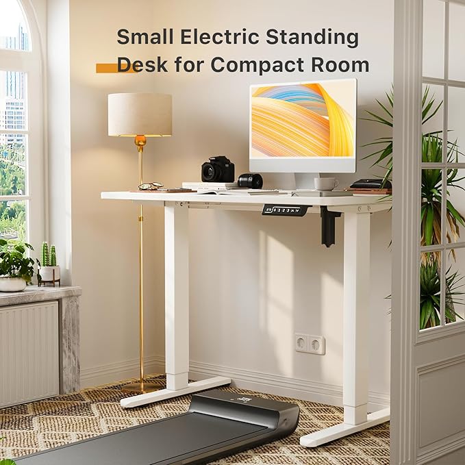 JOY worker Small Electric Standing Desk, 40" x 20" Whole Piece Height Adjustable Desk with Memory Controller, White Sit to Stand Desk Workstation for Home Office