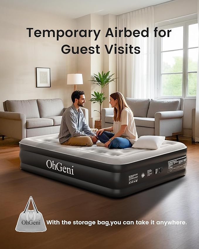 OhGeni Twin Air Mattress with Built in Pump for Guest, 18in Tall Colchon Inflables Blow Up Air Bed with Carrying Bag for Camping, Raised Elevated Double Airbed, Foldable & Portable Air Mattress, Black