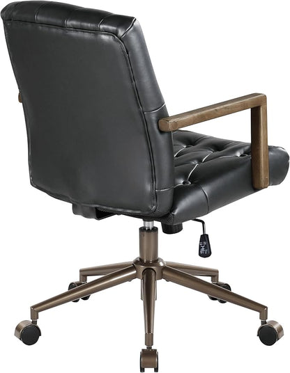 OSP Home Furnishings Waltham Adjustable Height and Tilt, Swivel Home Office Chair with Wood Arms, Black Faux Leather