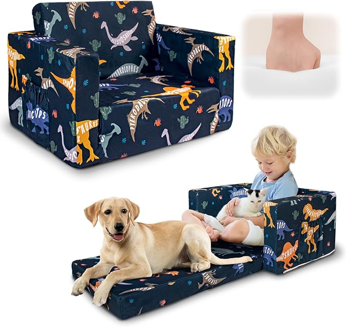 Kids Couch, 2-in-1 Kids Fold Out Couch, Convertible Kid Sofa to Lounger for Girls and Boys, Soft Toddler Chairs Comfy 1-3 Years Old (Dinosaur)