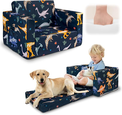 Kids Couch, 2-in-1 Kids Fold Out Couch, Convertible Kid Sofa to Lounger for Girls and Boys, Soft Toddler Chairs Comfy 1-3 Years Old (Dinosaur)