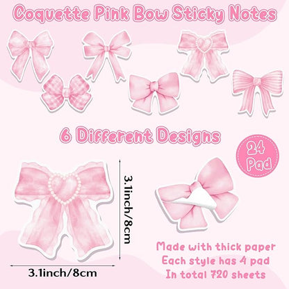 Bright Colors Sticky Notes - 72 Pcs Pink Bow Super Sticky Notes Pens Ribbons Set Strong Adhesive Self-Stick Sticking Power Memo Note Pads Page Markers Office Products School Supplies