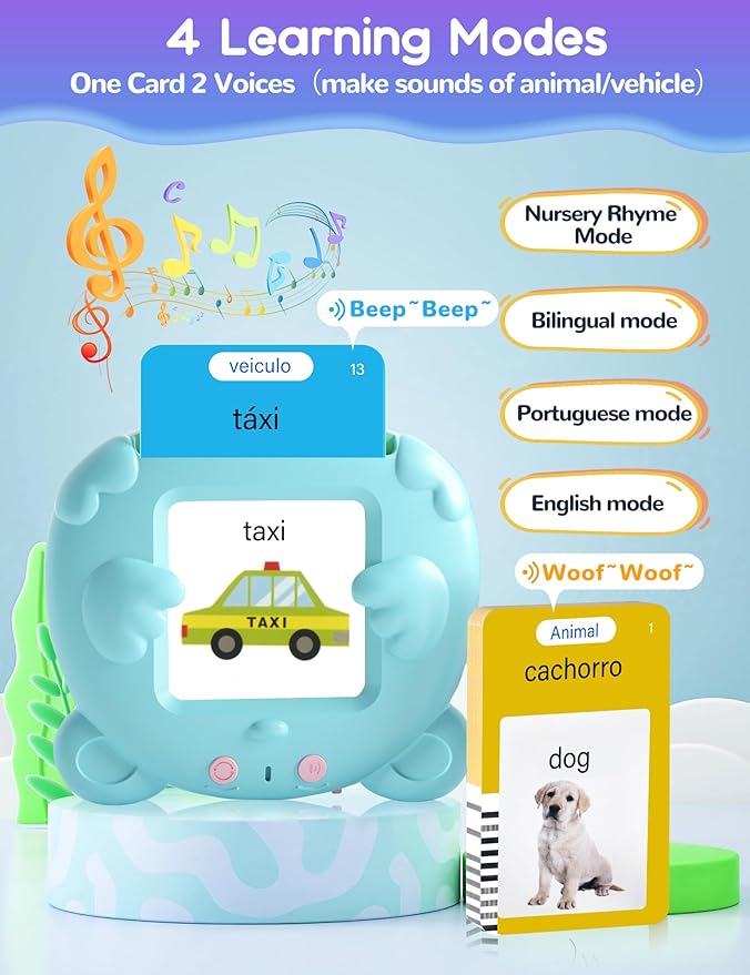 Portuguese and English Talking Flash Cards for Toddlers, 224 Sight Words Bilingual Learning Toys for Kids, Autism Pocket Speech Therapy Toys, Brazil Português Vocabulary Educational Flashcards