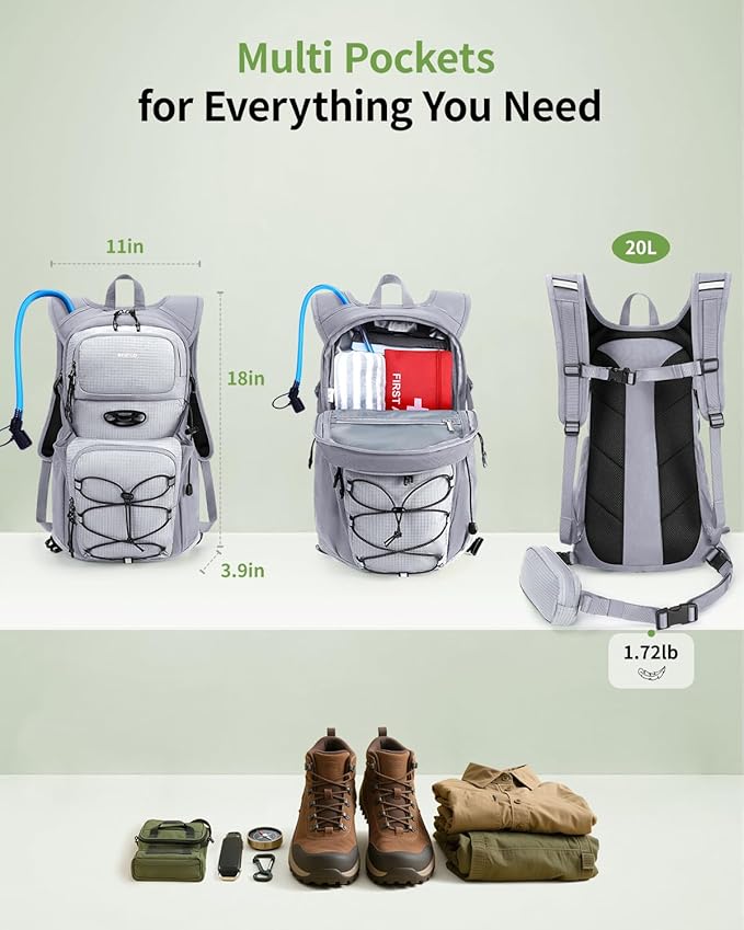 ECOHUB Hydration Backpack for Men Women, 20L Lightweight Hiking Daypack Cycling Backpack with 2L Water Bladder, Insulated Hydration Pack with Waist Pack