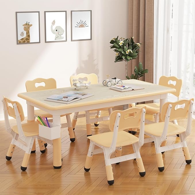 GarveeHome Kids Table and 6 Chairs Set, Height Adjustable Toddler Table and Chair Set, Graffiti Desktop, Children Study Play Dinner Table for Home Daycare Preschool for Ages 2-8, Beige