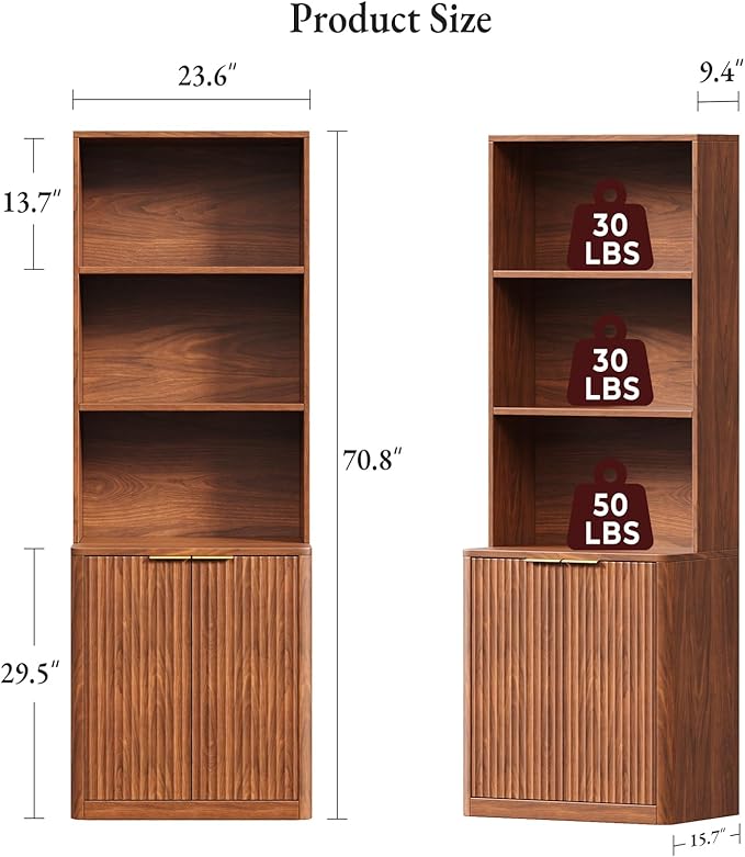 71" Walnut Bookcase with Doors, 5 Tier Fluted Tall Bookshelf with Storage, Librero with Cabinet for Home Office, Living Room,or Bedroom