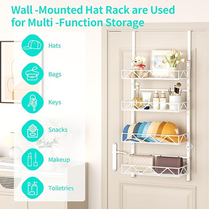 HapiRm Over the Door Hat Organizer - 4 Tier Wall Mounted Hat Rack with 4 Adjustable Metal Basket, Baseball Caps Organizer Storage Holds up to 40 Caps for Door, Bedroom, Closet (White)