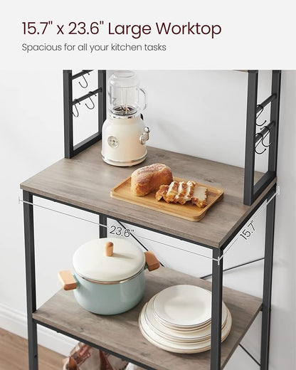 VASAGLE Coffee Bar, Baker’s Rack for Kitchen with Storage, 6-Tier Kitchen Shelves with 6 Hooks, Microwave Stand, Industrial, 15.7 x 23.6 x 65.7 Inches, Greige and Black UKKS024B02