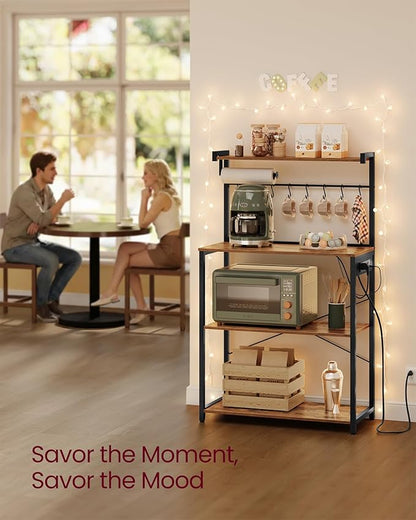 VASAGLE Kitchen Bakers Rack with Power Outlet, Coffee Bar 4-Tier with 8 S Hooks, Microwave Stand, Adjustable Shelf, 15.7 x 31.5 x 55.1 Inches, Rustic Brown and Ink Black UKKS029KD01