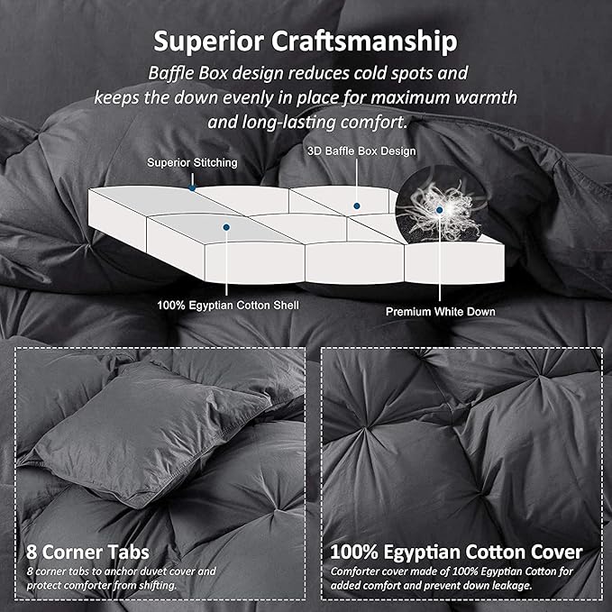 Luxurious Heavyweight Goose Down Feather Fiber Comforter, Exquisite Pinch Pleat Design, Oversize California King/Cal King 108 x 98, 100% Egyptian Cotton, 90 oz Fill Weight, Gray