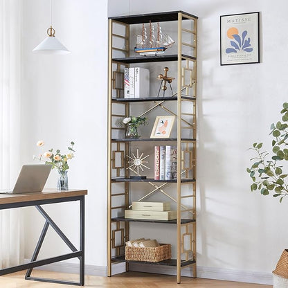 HOMISSUE Bookcase,7-Tier Tall Bookshelf Metal Bookcase and Bookshelves, Free Standing Storage Modern Bookshelf for Home Office Living Room and Bedroom, Black & Gold