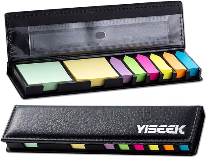Sticky Notes and Index Tabs Set with Ruler – 640 Pieces Colored Page Markers, 2 Mini Rectangular Note Pads, 6 Arrow Flags, Leather-Look Organizer Case, 1 Set
