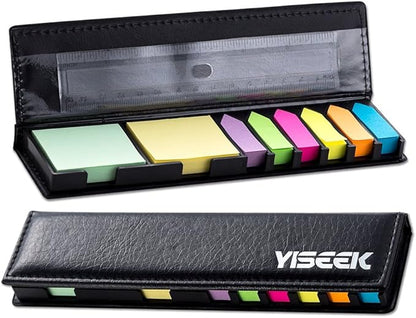 Sticky Notes and Index Tabs Set with Ruler – 640 Pieces Colored Page Markers, 2 Mini Rectangular Note Pads, 6 Arrow Flags, Leather-Look Organizer Case, 1 Set