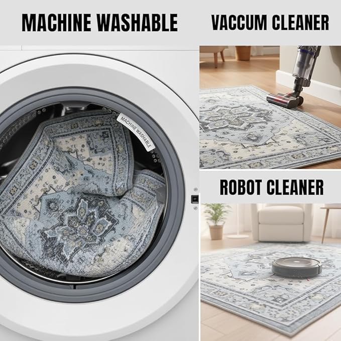 Muddy Mat짰 Azure 3ft x 7ft Washable Area Rugs for Living Room, Bedroom & Dining Room ??Modern Soft Low Pile Non Slip Carpet ??Pet Friendly Waterproof Foldable Rugs for Home