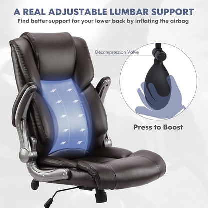 COLAMY High Back Executive Office Chair- Ergonomic Home Computer Desk Leather Chair with Padded Flip-up Arms, Adjustable Tilt Lock, Swivel Rolling Chair for Adult Working Study-Brown