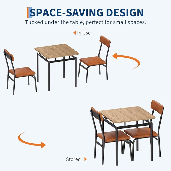 IDEALHOUSE 3 Piece Dining Room Table Set, Kitchen Table Set for 2 with Brown Wooden Grain Kitchen Table and 2 PU Upholstered Metal Chairs, Dining Room Set for Small Space,Home Dinner(2 Brown Chairs)