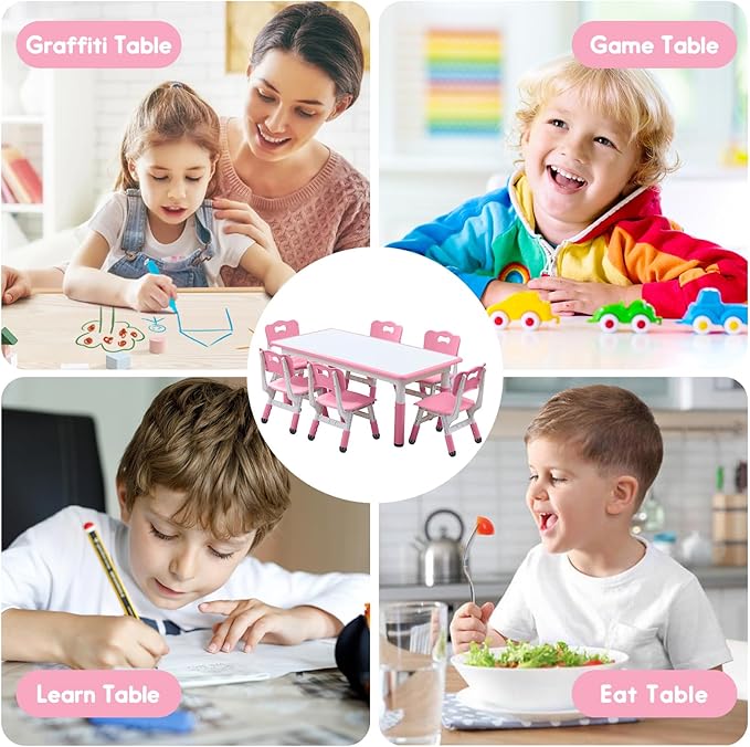 Kids Table and Chairs Set, Height Adjustable Desk With 6 Seats for Ages 3-12,Arts & Crafts Table,Graffiti Desktop, Non-Slip Legs, Max 300lbs, Children Multi-Activity Table for Classrooms,Daycares,Home