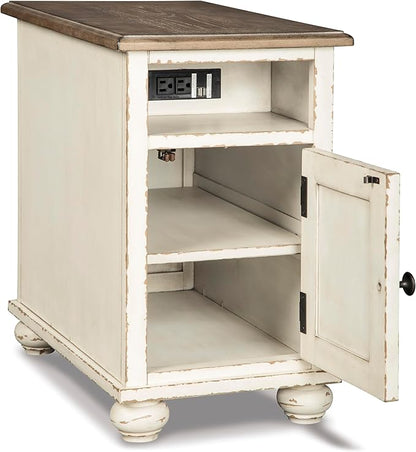 Signature Design by Ashley Realyn French Country Chair Side End Table, Cabinet Storage with Shelf, Outlets and USB Ports, Wood, 14" W x 24" D x 23.13" H, Cream