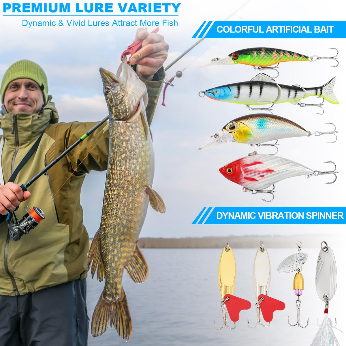 TCMBY 3 Layers Tackle Box with Tackle Included, 321Pcs Fishing Lures Kit Contains Pliers, Crankbait, Hooks, Weights & Accessories, Fishing Gear Bait Lure Gifts for Men Bass Freshwater (White Black)