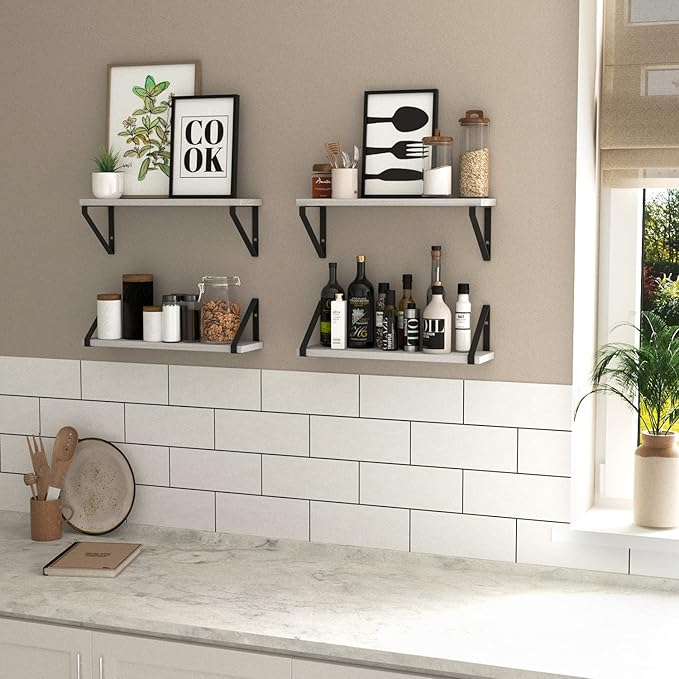 Wallniture Ponza 17'' x 4.5'' Floating Wall Shelf Bathroom, Small Wood Book Shelves for Wall Storage, Wall Mounted Shelf, Dining Room, Bedroom, Living Room, Office & Kitchen Organization, White, 15pcs
