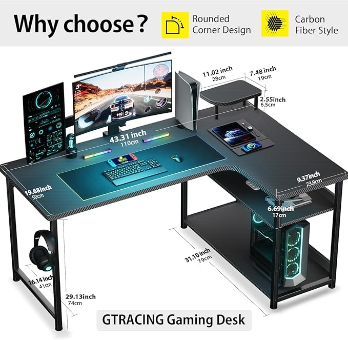 GTRACING L Shaped Gaming Desk, Carbon Fiber Style Computer Desk Compatible with Monitor Arm Storage Shelves Corner Desk Gaming Table for Home Office Desks Easy to Assemble Adjustable Shelf Height