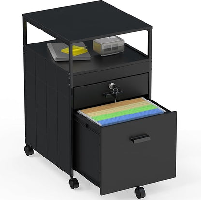 SHW Box File Rolling Mobile Cabinet with Open Shelf and Lockable Drawer, Black