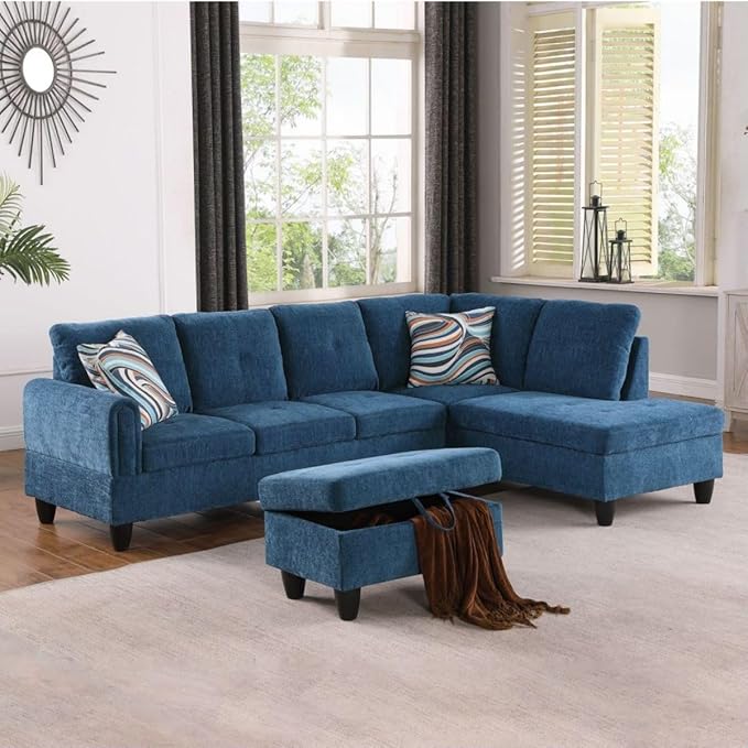Blue L-Shaped 3-Piece Flannel Sofa with Storage Ottoman Set, Sectional Couch Sofa Set for Living Room, Office, Small Space
