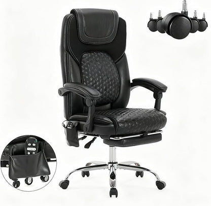 Massage Office Chair with Heat and Footrest –Reclining Desk Chair, Big and Tall Leather Computer Chair with Wheels, PU Executive Office Chair for Home, Gaming, Study, 300 lbs,Black