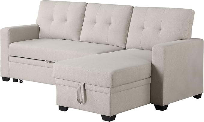 82 Inch Convertible Sleeper Sectional Sofa with Storage Chaise and Pull-Out Bed, Linen Upholstered Reversible Corner Couch, Modular L Shaped Couches for Living Room, Home Furniture, Beige