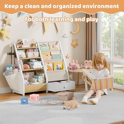 Kids Bookshelf and Toy Storage - Book Shelf for Kids Rooms, Toddler Bookshelf Baby Bookcase for Nursery, Montessori Toy Organizer, Burlywood