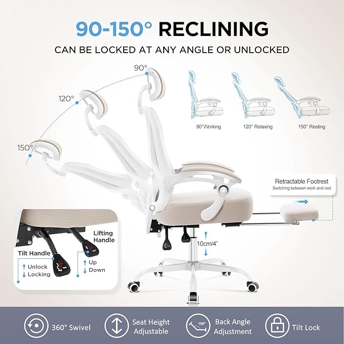 Ergonomic Office Chair with Footrest,Ultra Thick Reclining Desk Chair with Adjustable 2D Lumbar Support and Headrest,Spring Cushion,High Back Premium Mesh Computer Chair,Cream