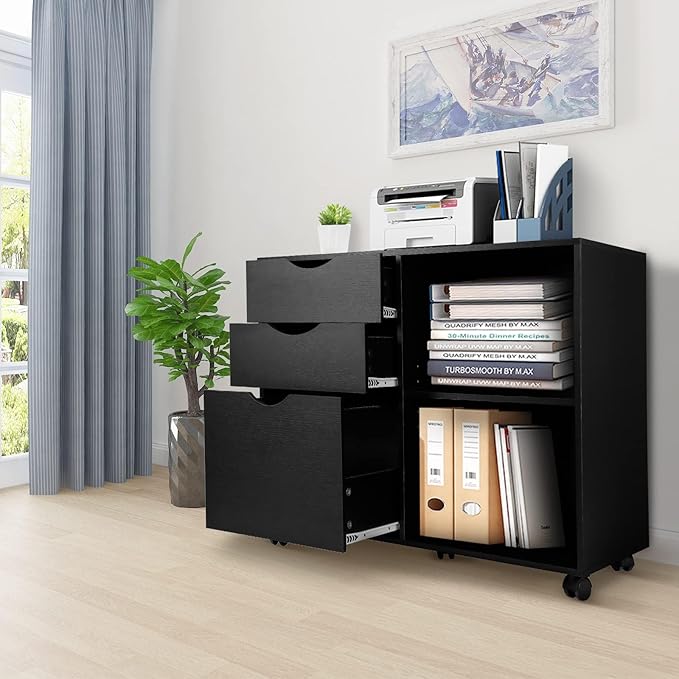 QDSSDECO 3-Drawer with Shelf Wood File Cabinet Mobile Lateral Filing Cabinet, with Rolling Wheel Printer Stand and Open Adjustable Storage Shelves, for Home Office, Black