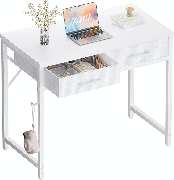 Pamray 32 Inch Small Computer Desk with 2 Drawers for Bedroom Study Writing Home Office Table for Small Spaces White