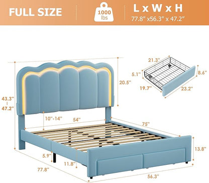Full Upholstered LED Bed Frame with 2 Storage Drawers and Adjustable Chic Double Wavy Headboard, Velvet Princess Platform Bed with Charing Station, Solid Wood Slats Support,No Box Spring Needed,Blue