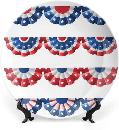 Ceramic Plates, American Flag Decor Decorative Ceramic Plates, Flag Round Bunting Election Ornament Pattern, 7 Inch, Household Plates Decorative, Blue Red