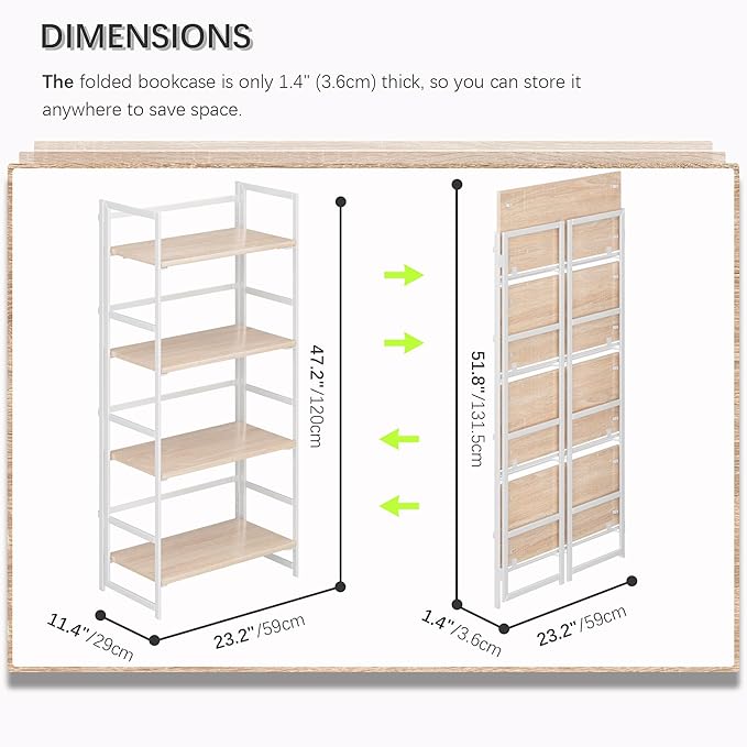 4NM No Assembly 4 Tiers Book Shelves, White Folding Bookshelf Bookcase Open Industrial Foldable Shelves for Bedroom, Living Room, Home Office - Natural White