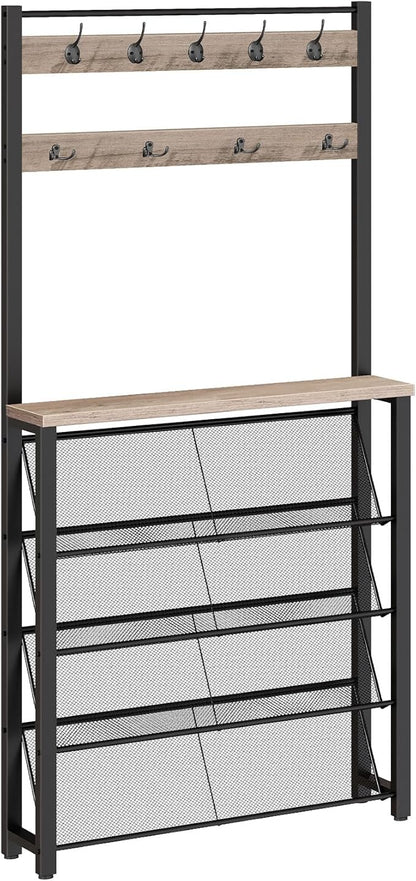 HOOBRO Hall Tree with Bench, Narrow Shoe Rack with Coat Rack, Coat Rack with Shoe Storage, 5 Tier Slanted Shoe Storage Organizer, Coat and Shoe Rack Entryway, Slim Hall Tree, Greige BG20MT01