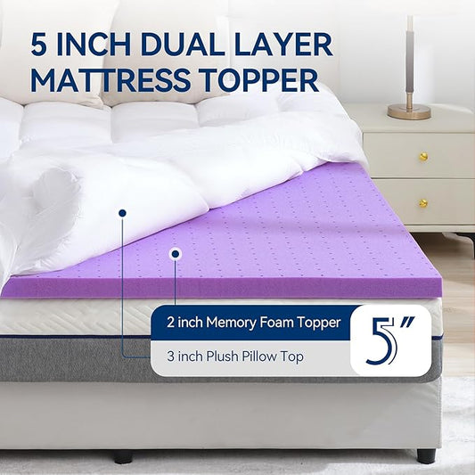 BDEUS Dual Layer 5 Inch Memory Foam Mattress Topper Queen Size, 2 Inch Gel Memory Foam Plus 3 Inch 1450 GSM Down Alternative Quilted Pillow Top Mattress Pad Cover,White