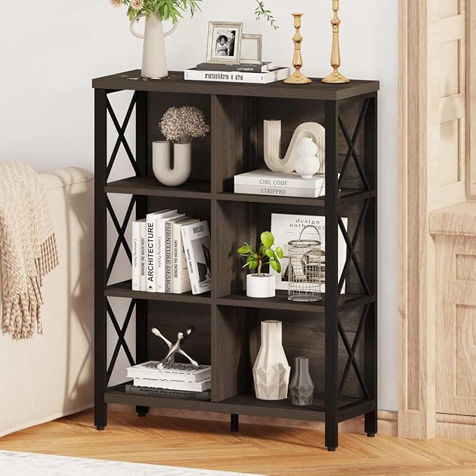 FATORRI 6 Cube Storage Organizer Shelf, Rustic Wood and Metal Cubby Bookcase, Industrial 4 Tier Cube Bookshelf (Walnut Brown)